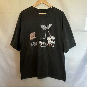 Vanta Skulls and Roses Acid Wash Oversized Graphic Tee